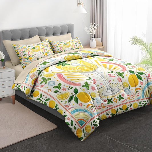 Comforter Set Twin Size Lemon Summer Yellow 7 Pcs, Bedding for Kids and Adults, Bed Sheet Sets with Fitted Sheet 2 Pillowcases & 2 Shams for Bedroom Bed Decor