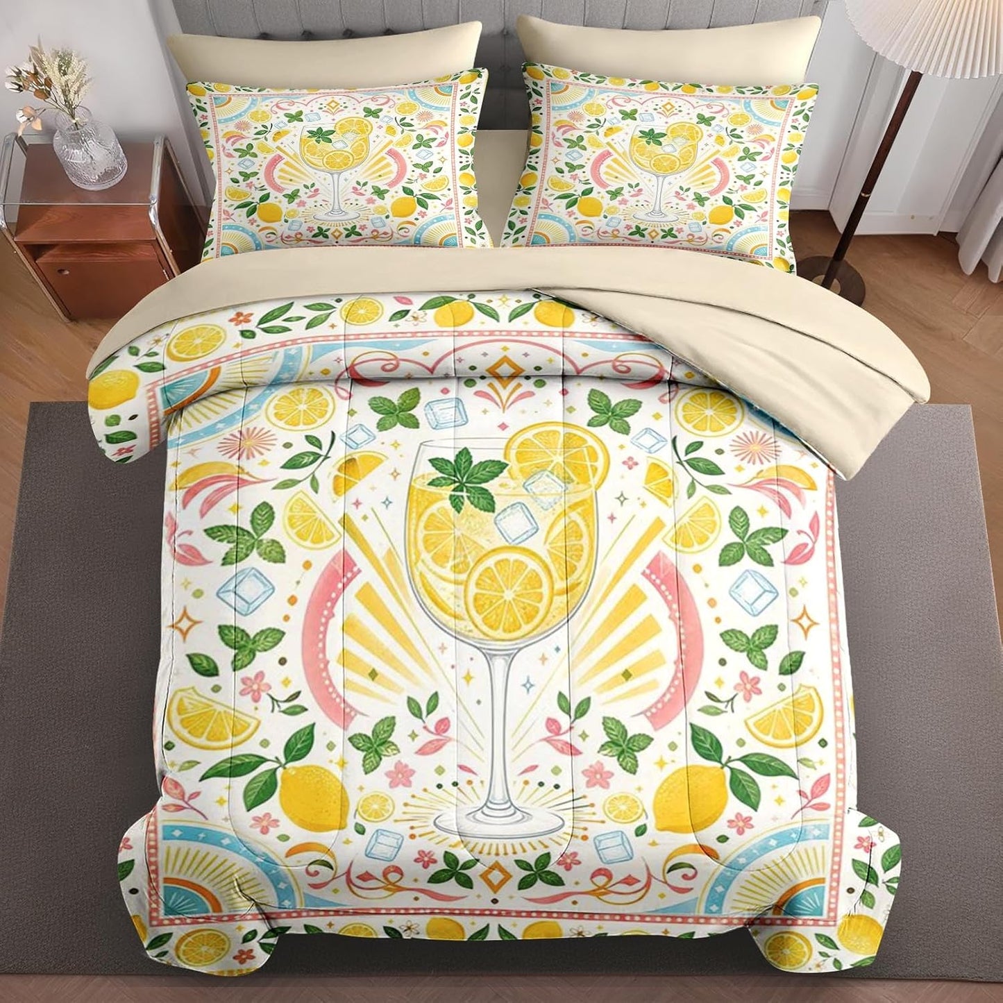 Comforter Set Twin Size Lemon Summer Yellow 7 Pcs, Bedding for Kids and Adults, Bed Sheet Sets with Fitted Sheet 2 Pillowcases & 2 Shams for Bedroom Bed Decor