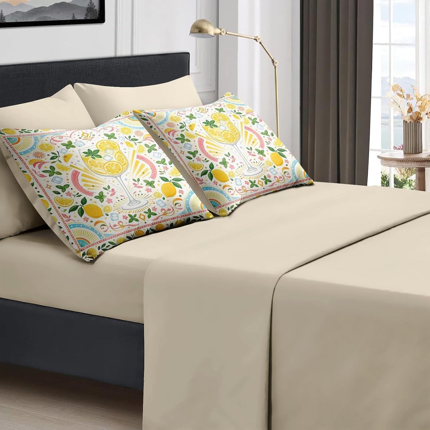 Comforter Set Twin Size Lemon Summer Yellow 7 Pcs, Bedding for Kids and Adults, Bed Sheet Sets with Fitted Sheet 2 Pillowcases & 2 Shams for Bedroom Bed Decor