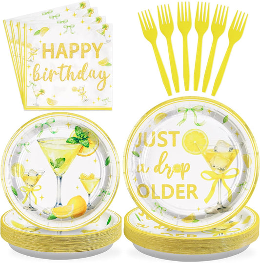 96Pcs Lemon Cocktail Birthday Party Decorations Just A Drop Older Plates and Napkins Disposable Yellow Bow Tableware Set for Vintage Adults Milestone Outdoor Party Supplies, Serves 24