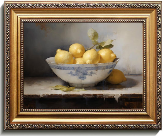 Vintage Gold Framed Wall Art, Vintage Lemons Still Life Canvas Art Prints Painting, Antique Fruit Wall Art Picture, Rustic Kitchen Art Farmhouse Wall Decor for Kitchen, Dining Desktop Decor - 9x12Inch