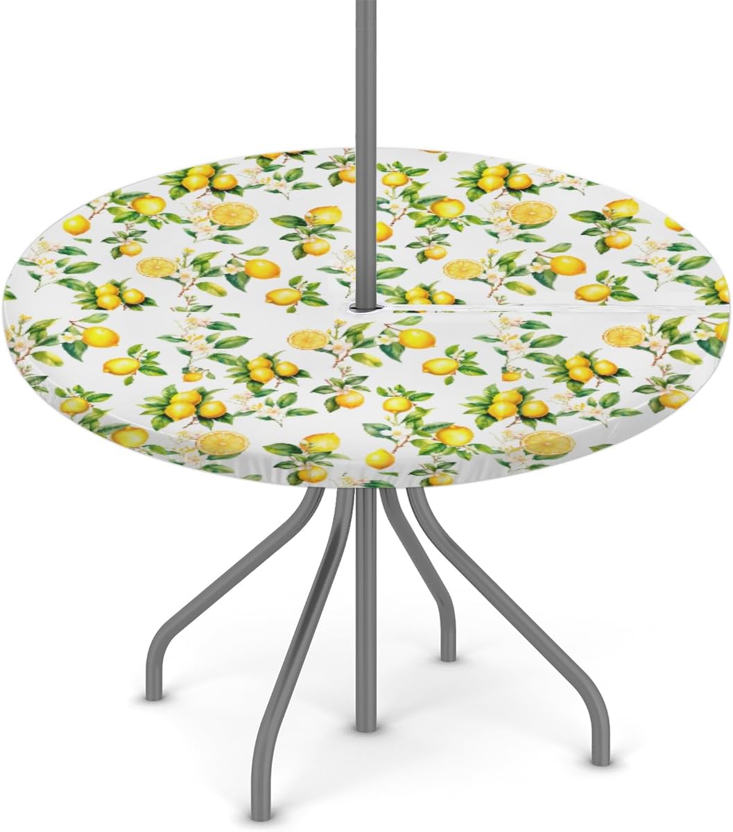 Lemon Outdoor Round Tablecloth with Umbrella Hole and Zipper Elastic Edged | Fruit Yellow Flower Outside Circle Table Cloth Waterproof Fitted Table Covers for Picnic Camping Garden 45-56inch