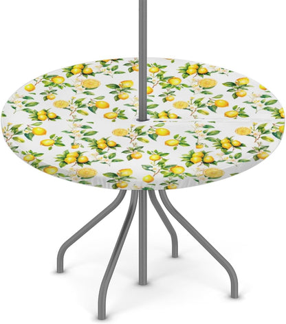 Lemon Outdoor Round Tablecloth with Umbrella Hole and Zipper Elastic Edged | Fruit Yellow Flower Outside Circle Table Cloth Waterproof Fitted Table Covers for Picnic Camping Garden 45-56inch