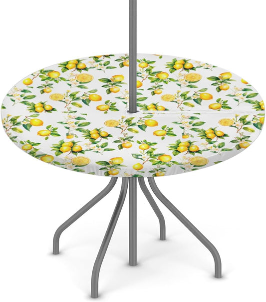 Lemon Outdoor Round Tablecloth with Umbrella Hole and Zipper Elastic Edged | Fruit Yellow Flower Outside Circle Table Cloth Waterproof Fitted Table Covers for Picnic Camping Garden 45-56inch