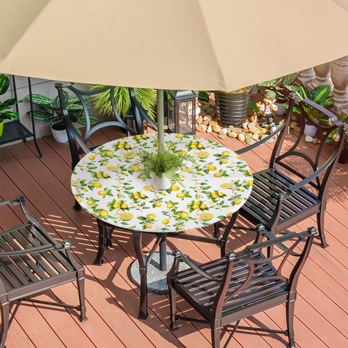 Lemon Outdoor Round Tablecloth with Umbrella Hole and Zipper Elastic Edged | Fruit Yellow Flower Outside Circle Table Cloth Waterproof Fitted Table Covers for Picnic Camping Garden 45-56inch