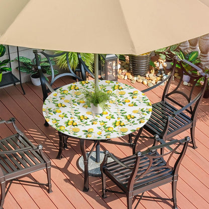 Lemon Outdoor Round Tablecloth with Umbrella Hole and Zipper Elastic Edged | Fruit Yellow Flower Outside Circle Table Cloth Waterproof Fitted Table Covers for Picnic Camping Garden 45-56inch