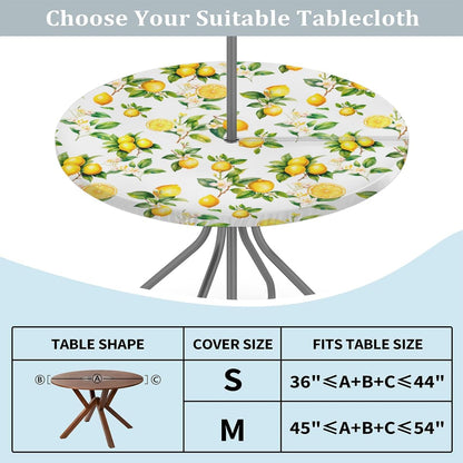 Lemon Outdoor Round Tablecloth with Umbrella Hole and Zipper Elastic Edged | Fruit Yellow Flower Outside Circle Table Cloth Waterproof Fitted Table Covers for Picnic Camping Garden 45-56inch