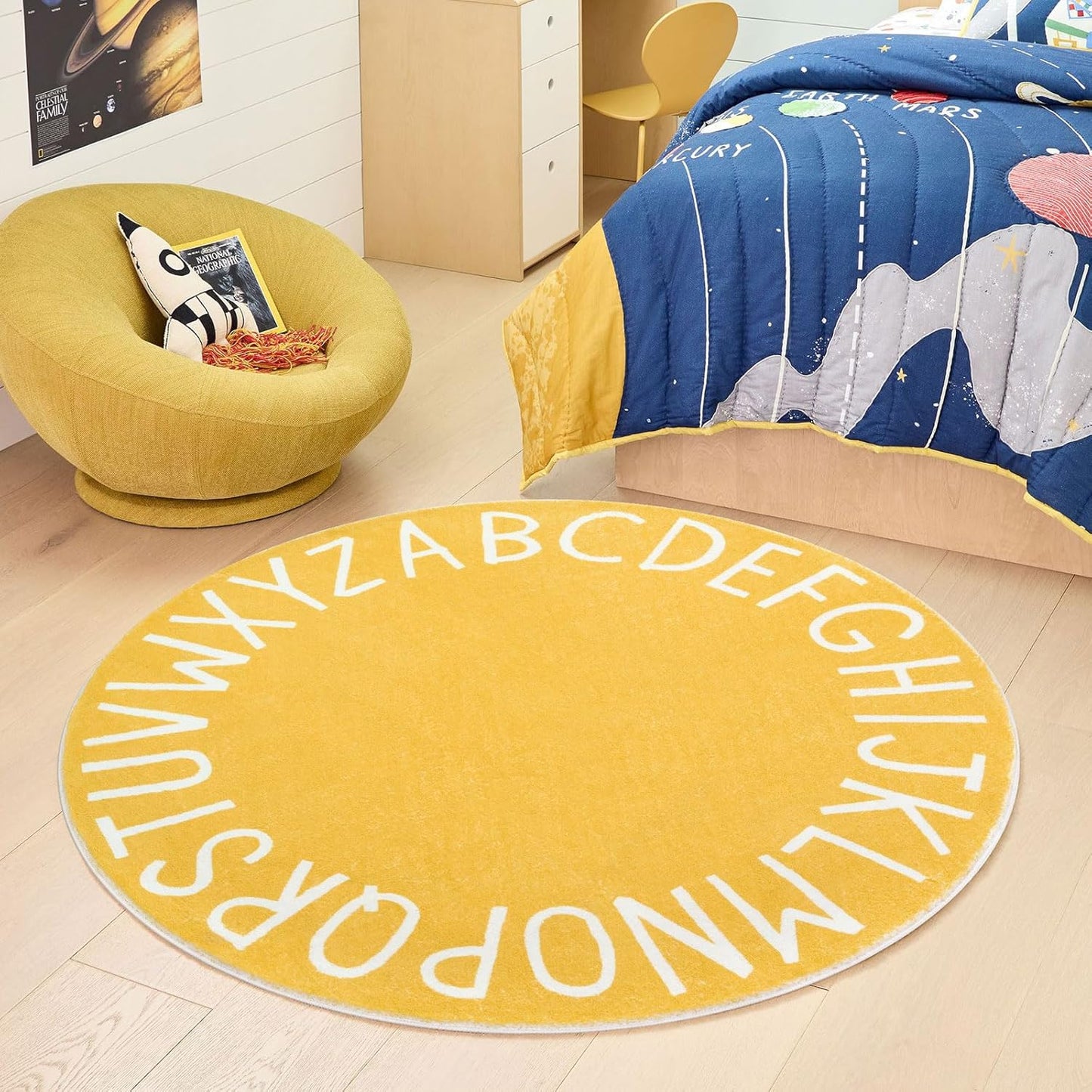 Round ABC Area Rug,47 Inch Soft Floor Carpet,Yellow | Washable Alphabet Circle Rug,Non Slip Floor Mat Ideal for Bedrooms,Kids Rooms,Classrooms