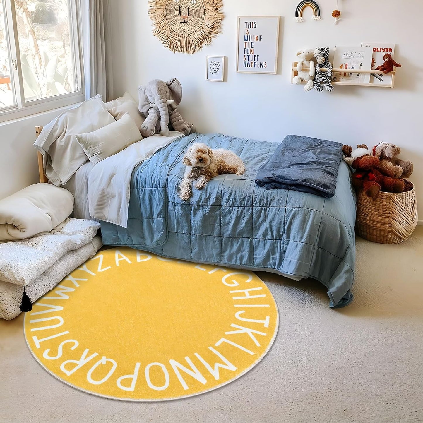 Round ABC Area Rug,47 Inch Soft Floor Carpet,Yellow | Washable Alphabet Circle Rug,Non Slip Floor Mat Ideal for Bedrooms,Kids Rooms,Classrooms