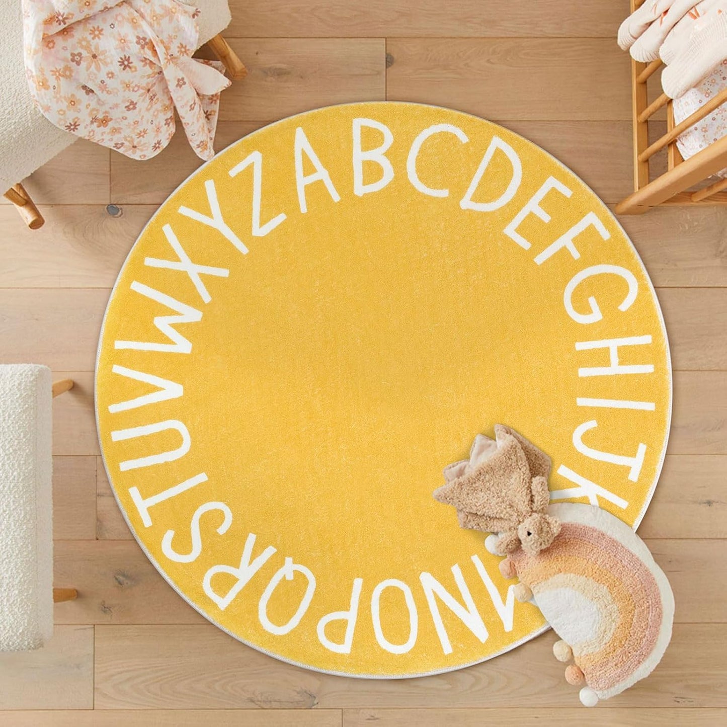 Round ABC Area Rug,47 Inch Soft Floor Carpet,Yellow | Washable Alphabet Circle Rug,Non Slip Floor Mat Ideal for Bedrooms,Kids Rooms,Classrooms
