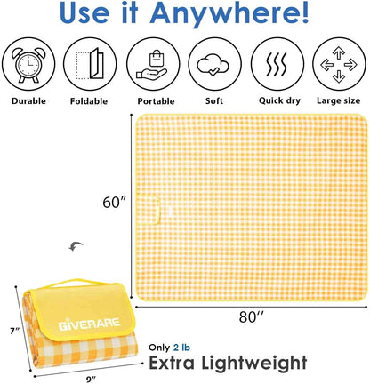 Picnic Beach Blanket Extra Large, XL Sandproof Waterproof Outdoor Camping Blankets 80x60in, Sand Free Oversized Mat, Quick Drying Portable Mats for Travel, Hiking, Music Festival, Lawn-Yellow