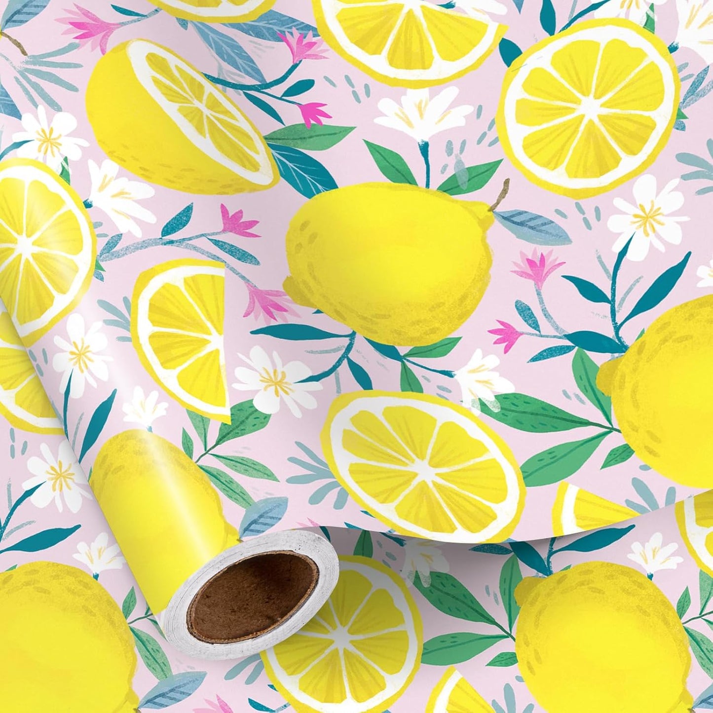 Lemon Wrapping Paper Roll for Girls, Mini Roll, Fresh Lemon and Floral Design, Pink Gift Wrap Paper for Summer, Birthday, Mother's Day and Party Decorations, 17 Inches x 16.4 Feet