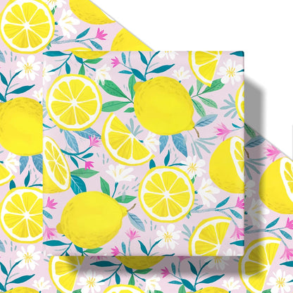 Lemon Wrapping Paper Roll for Girls, Mini Roll, Fresh Lemon and Floral Design, Pink Gift Wrap Paper for Summer, Birthday, Mother's Day and Party Decorations, 17 Inches x 16.4 Feet