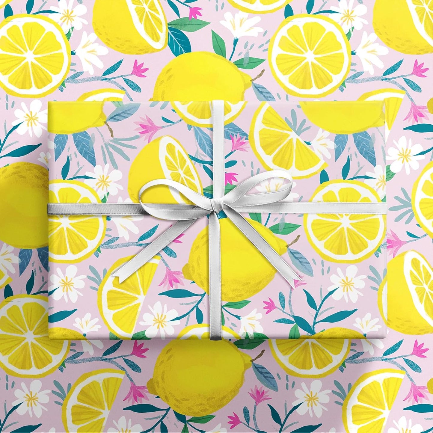 Lemon Wrapping Paper Roll for Girls, Mini Roll, Fresh Lemon and Floral Design, Pink Gift Wrap Paper for Summer, Birthday, Mother's Day and Party Decorations, 17 Inches x 16.4 Feet