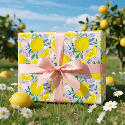 Lemon Wrapping Paper Roll for Girls, Mini Roll, Fresh Lemon and Floral Design, Pink Gift Wrap Paper for Summer, Birthday, Mother's Day and Party Decorations, 17 Inches x 16.4 Feet