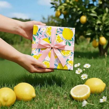 Lemon Wrapping Paper Roll for Girls, Mini Roll, Fresh Lemon and Floral Design, Pink Gift Wrap Paper for Summer, Birthday, Mother's Day and Party Decorations, 17 Inches x 16.4 Feet