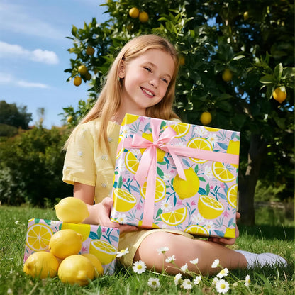 Lemon Wrapping Paper Roll for Girls, Mini Roll, Fresh Lemon and Floral Design, Pink Gift Wrap Paper for Summer, Birthday, Mother's Day and Party Decorations, 17 Inches x 16.4 Feet