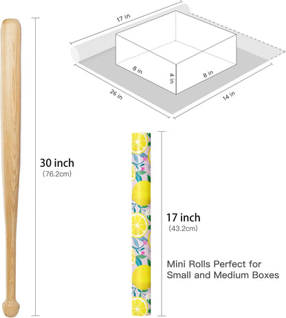 Lemon Wrapping Paper Roll for Girls, Mini Roll, Fresh Lemon and Floral Design, Pink Gift Wrap Paper for Summer, Birthday, Mother's Day and Party Decorations, 17 Inches x 16.4 Feet