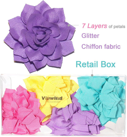 Dog Collar Flowers Attachement Bow Tie Accessories for Pet Grooming 4pcs | OD 8cm; Chiffon; Hot Pink, Mint Cyan, Bright Yellow, Violet