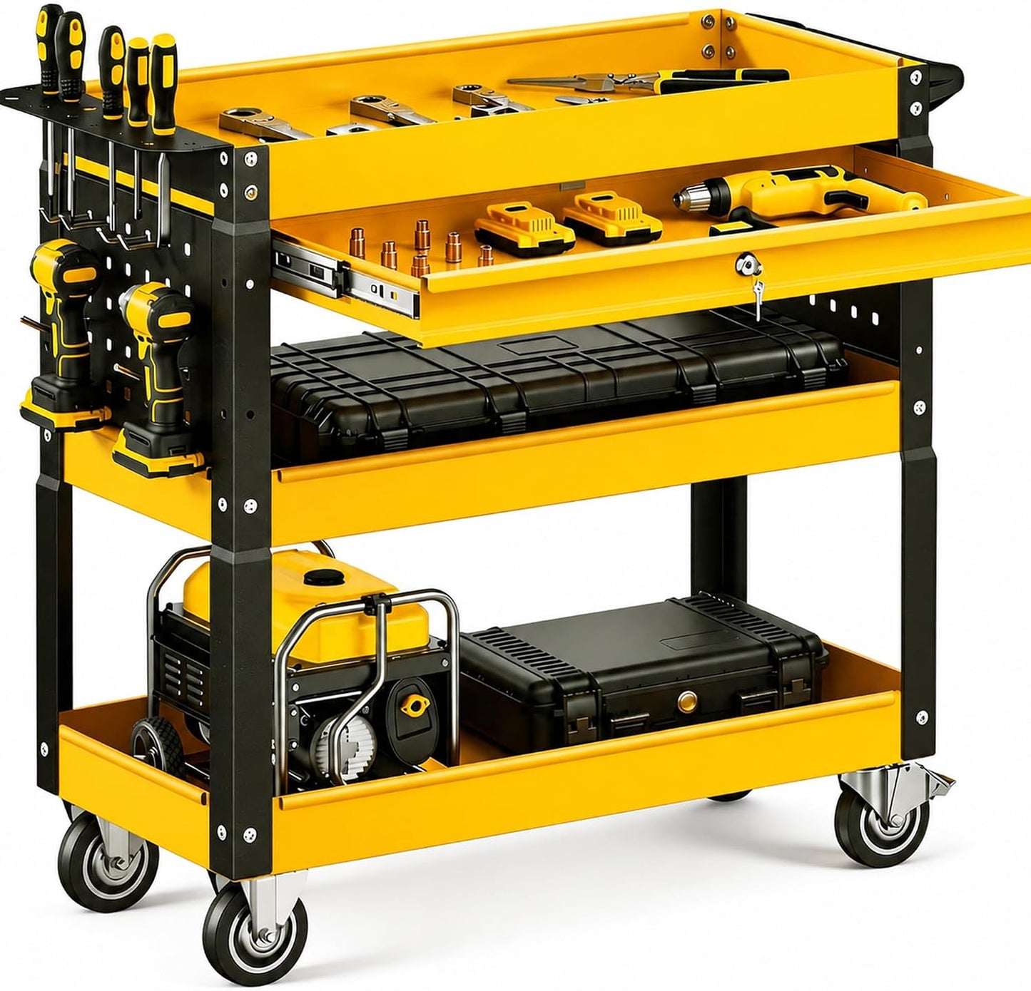 4 Tier Rolling Tool Cart on Wheels with Professional Tool Cart with Locking Drawer-Metal, 400LBS Load Capacity Heavy Duty Storage with Pegboard for Repair Shop, Garage, Warehouse, Workshop