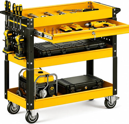 4 Tier Rolling Tool Cart on Wheels with Professional Tool Cart with Locking Drawer-Metal, 400LBS Load Capacity Heavy Duty Storage with Pegboard for Repair Shop, Garage, Warehouse, Workshop