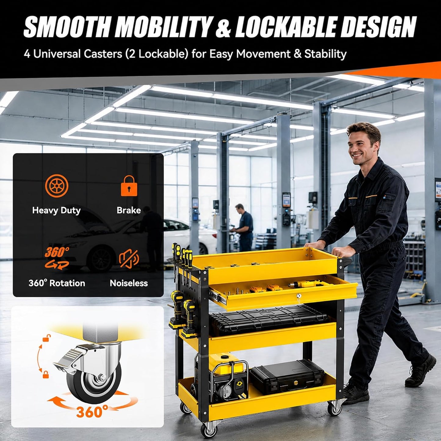 4 Tier Rolling Tool Cart on Wheels with Professional Tool Cart with Locking Drawer-Metal, 400LBS Load Capacity Heavy Duty Storage with Pegboard for Repair Shop, Garage, Warehouse, Workshop