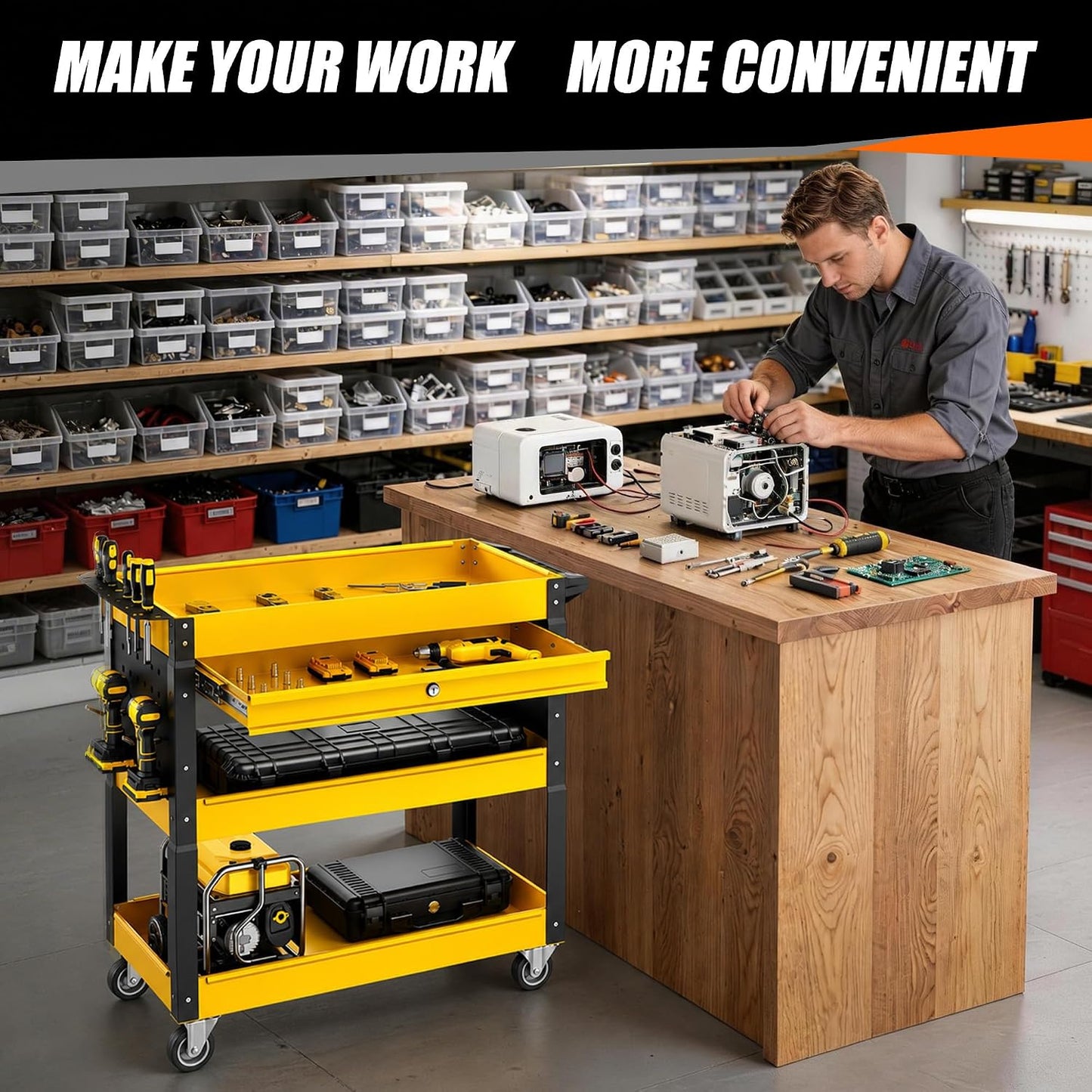 4 Tier Rolling Tool Cart on Wheels with Professional Tool Cart with Locking Drawer-Metal, 400LBS Load Capacity Heavy Duty Storage with Pegboard for Repair Shop, Garage, Warehouse, Workshop