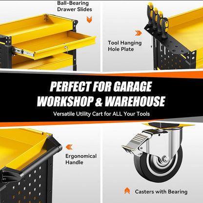 4 Tier Rolling Tool Cart on Wheels with Professional Tool Cart with Locking Drawer-Metal, 400LBS Load Capacity Heavy Duty Storage with Pegboard for Repair Shop, Garage, Warehouse, Workshop
