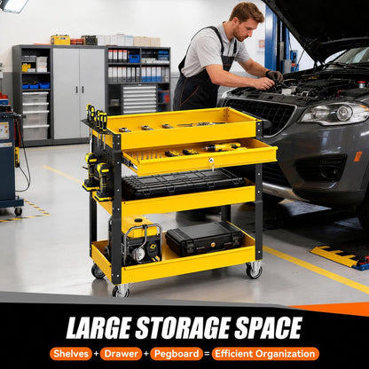 4 Tier Rolling Tool Cart on Wheels with Professional Tool Cart with Locking Drawer-Metal, 400LBS Load Capacity Heavy Duty Storage with Pegboard for Repair Shop, Garage, Warehouse, Workshop