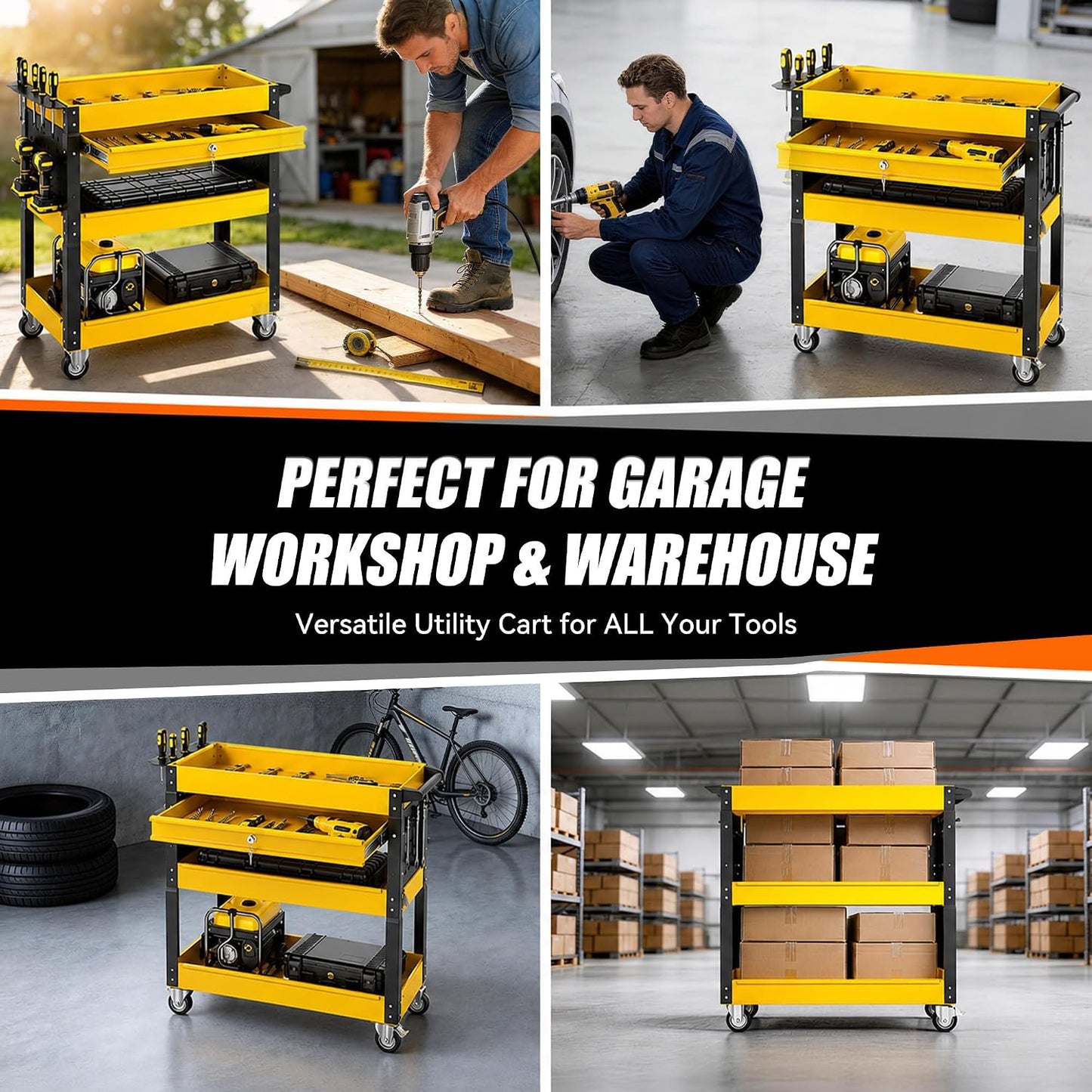4 Tier Rolling Tool Cart on Wheels with Professional Tool Cart with Locking Drawer-Metal, 400LBS Load Capacity Heavy Duty Storage with Pegboard for Repair Shop, Garage, Warehouse, Workshop