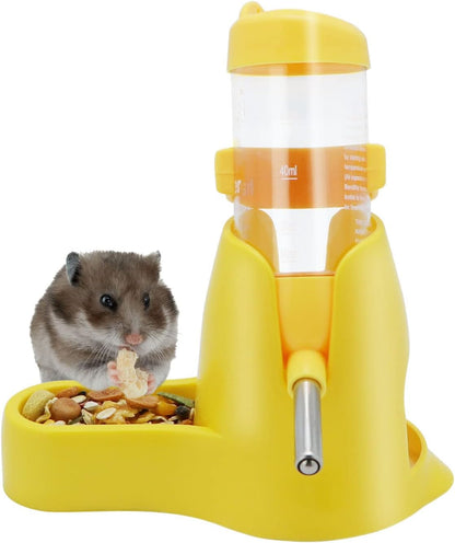 3 in 1 Hamster Water Bottle with Food Bowl Hideout Base 80ML, Yellow | Water dispenser, food container, hideout, stable base, easy to refill, for glass tank/cage, dwarf hamster/mouse/gerbil, 2.7oz