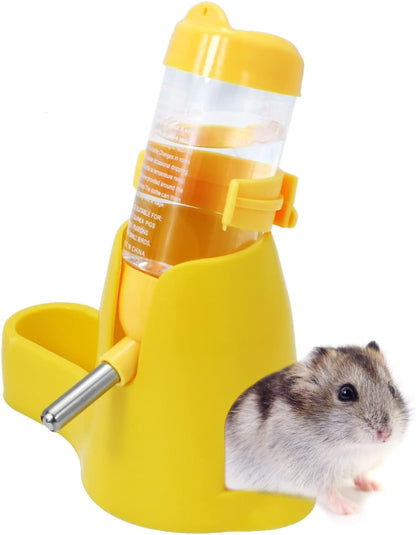 3 in 1 Hamster Water Bottle with Food Bowl Hideout Base 80ML, Yellow | Water dispenser, food container, hideout, stable base, easy to refill, for glass tank/cage, dwarf hamster/mouse/gerbil, 2.7oz