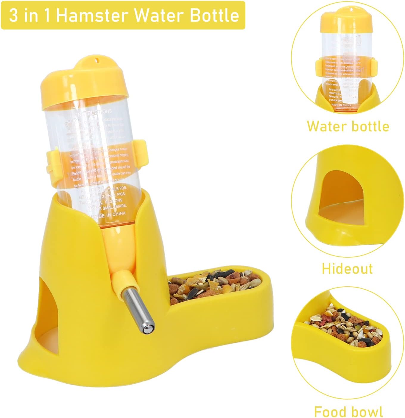 3 in 1 Hamster Water Bottle with Food Bowl Hideout Base 80ML, Yellow | Water dispenser, food container, hideout, stable base, easy to refill, for glass tank/cage, dwarf hamster/mouse/gerbil, 2.7oz