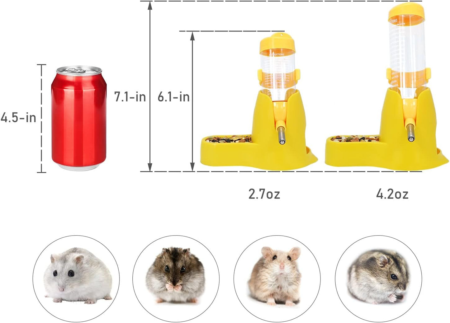 3 in 1 Hamster Water Bottle with Food Bowl Hideout Base 80ML, Yellow | Water dispenser, food container, hideout, stable base, easy to refill, for glass tank/cage, dwarf hamster/mouse/gerbil, 2.7oz