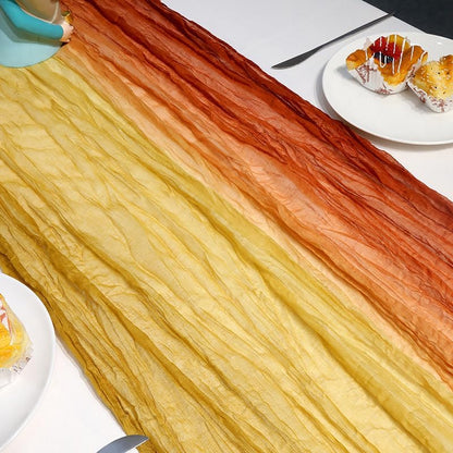 Multi Color Fade Cheesecloth Table Runner- These Boho, Natural, Light Cheesecloth Runners for Your Wedding, Shower, Party or Special Occasion (Rustic Earth & Boho) (Sunset Yellow to Red)