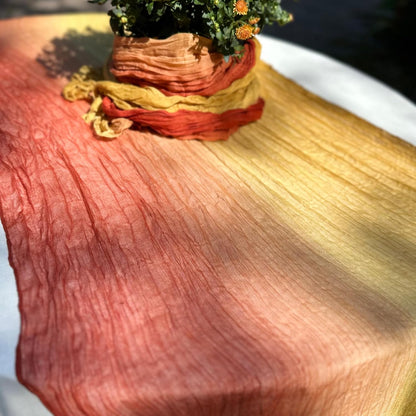Multi Color Fade Cheesecloth Table Runner- These Boho, Natural, Light Cheesecloth Runners for Your Wedding, Shower, Party or Special Occasion (Rustic Earth & Boho) (Sunset Yellow to Red)