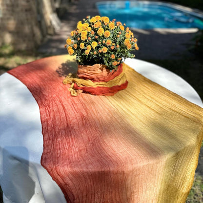 Multi Color Fade Cheesecloth Table Runner- These Boho, Natural, Light Cheesecloth Runners for Your Wedding, Shower, Party or Special Occasion (Rustic Earth & Boho) (Sunset Yellow to Red)