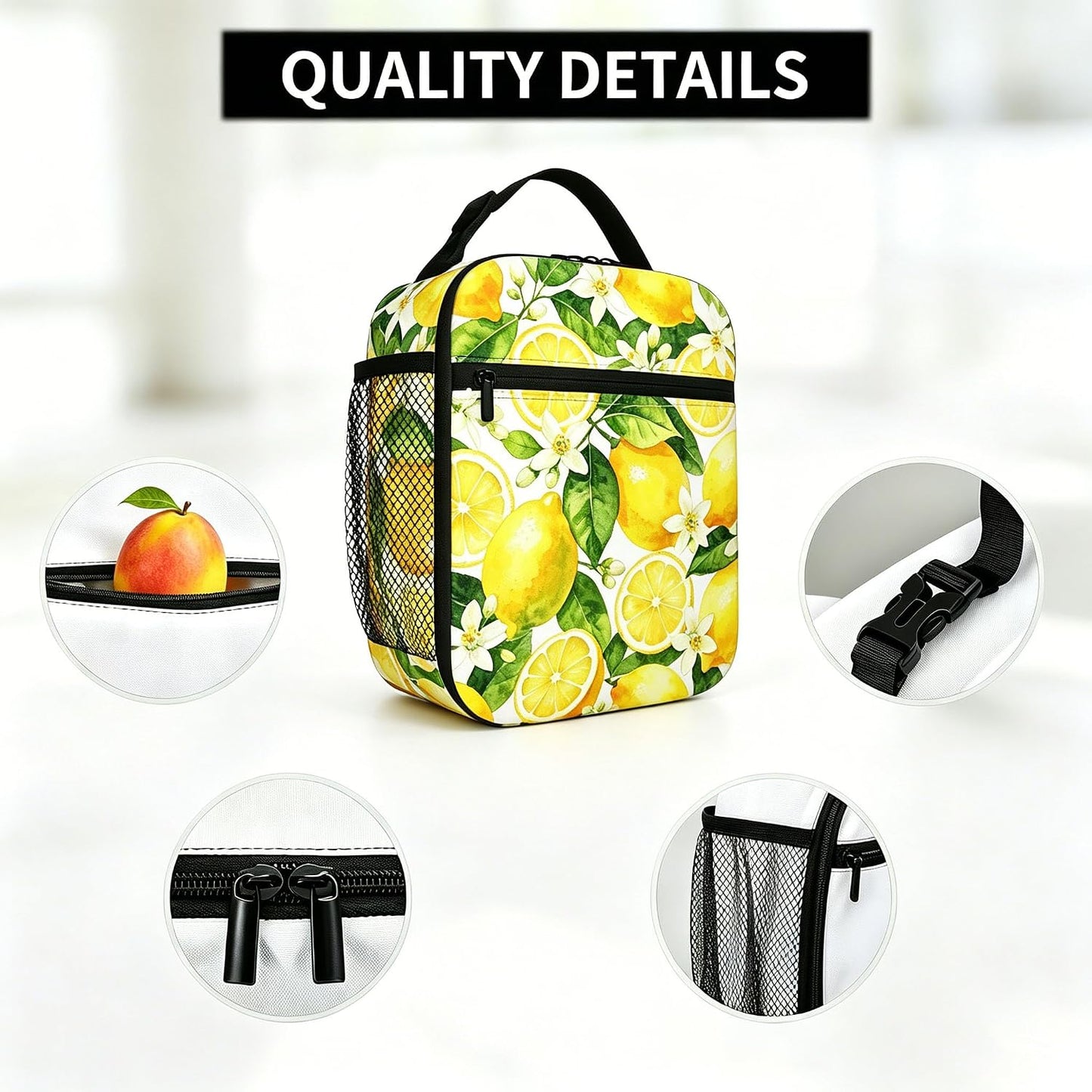 Yellow Lemon Lunch Bag for Women - Leak-Proof Cooler Lunch Containers for Sports, Travel, Hiking, Office