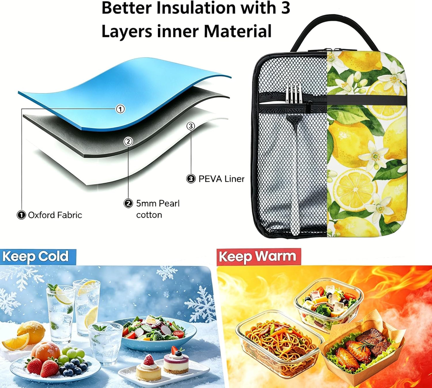 Yellow Lemon Lunch Bag for Women - Leak-Proof Cooler Lunch Containers for Sports, Travel, Hiking, Office