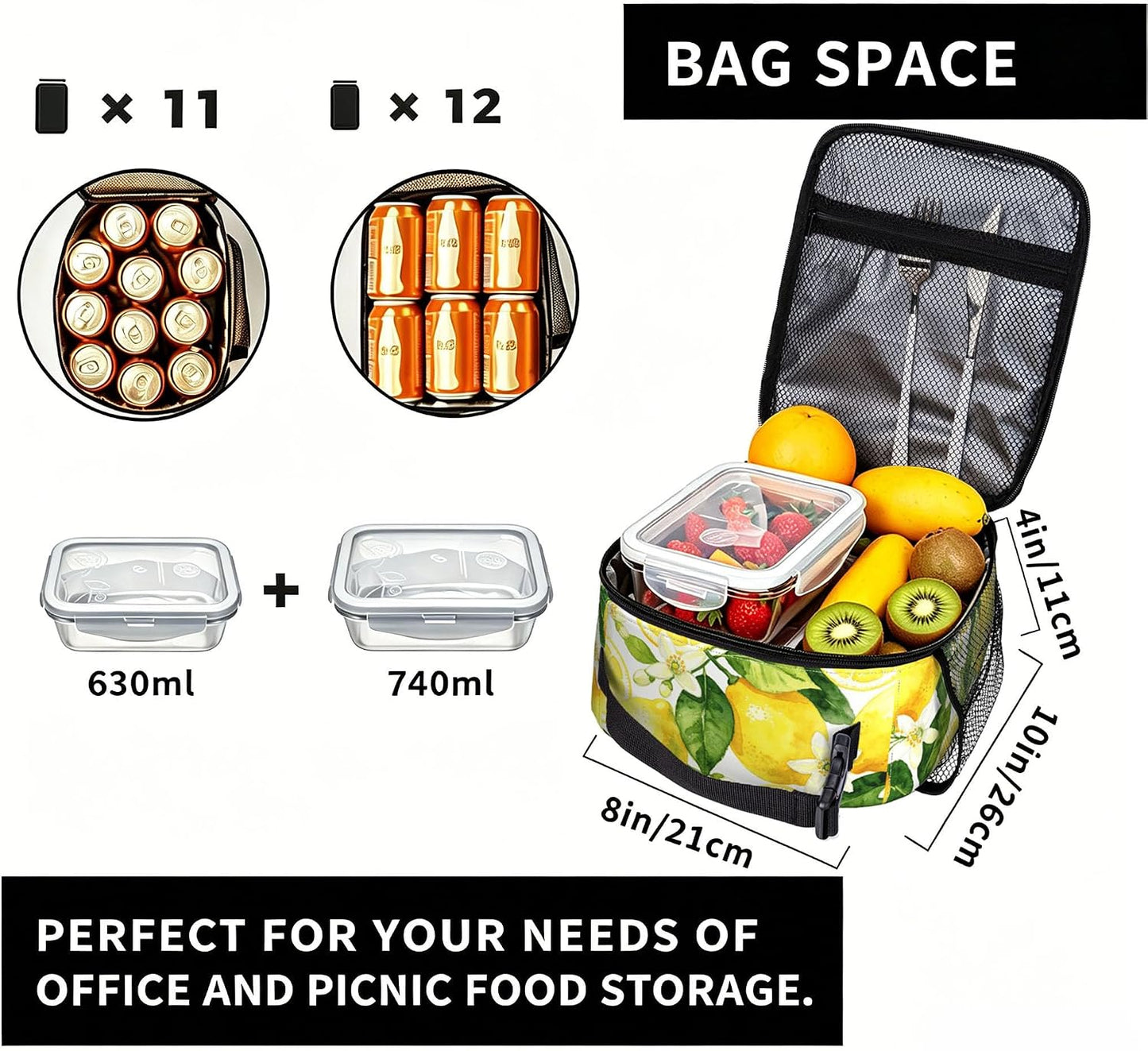 Yellow Lemon Lunch Bag for Women - Leak-Proof Cooler Lunch Containers for Sports, Travel, Hiking, Office