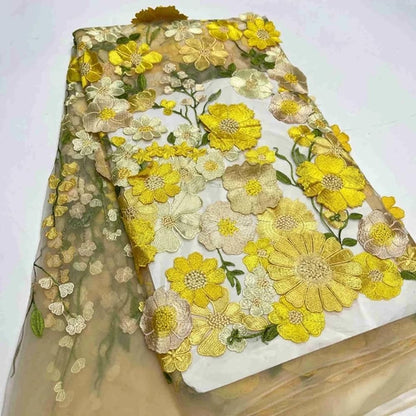 3D Flowers Embroidery Lace Fabric, 59 Inch Wide Soft Tulle Mesh Embroidered Lace Trim DIY Custom Clothes Wedding Dresses Curtain Table Cloth Sewing Fabric (1 Yard,Yellow)