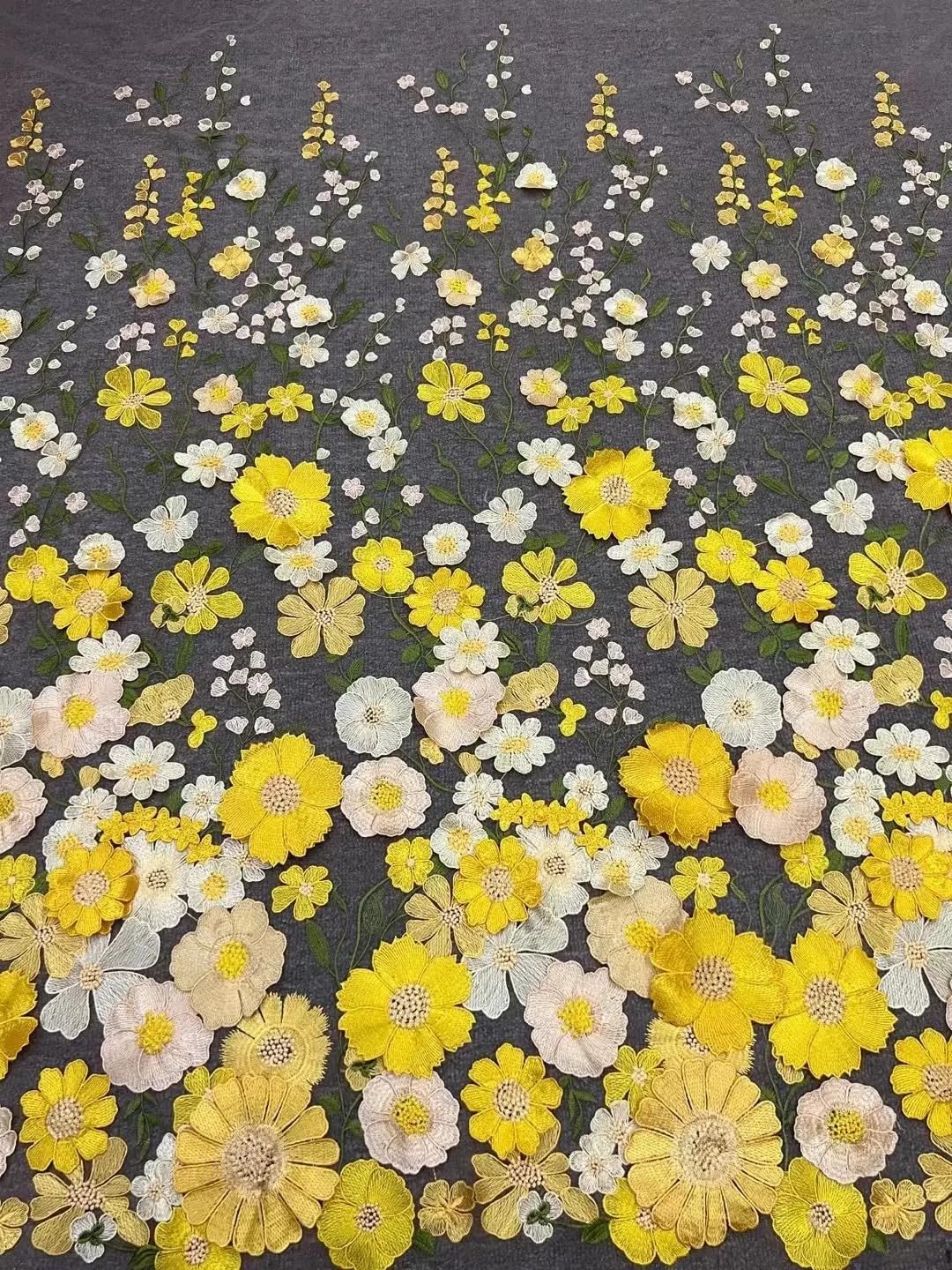 3D Flowers Embroidery Lace Fabric, 59 Inch Wide Soft Tulle Mesh Embroidered Lace Trim DIY Custom Clothes Wedding Dresses Curtain Table Cloth Sewing Fabric (1 Yard,Yellow)