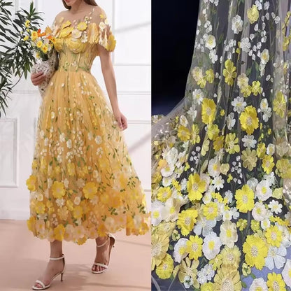 3D Flowers Embroidery Lace Fabric, 59 Inch Wide Soft Tulle Mesh Embroidered Lace Trim DIY Custom Clothes Wedding Dresses Curtain Table Cloth Sewing Fabric (1 Yard,Yellow)