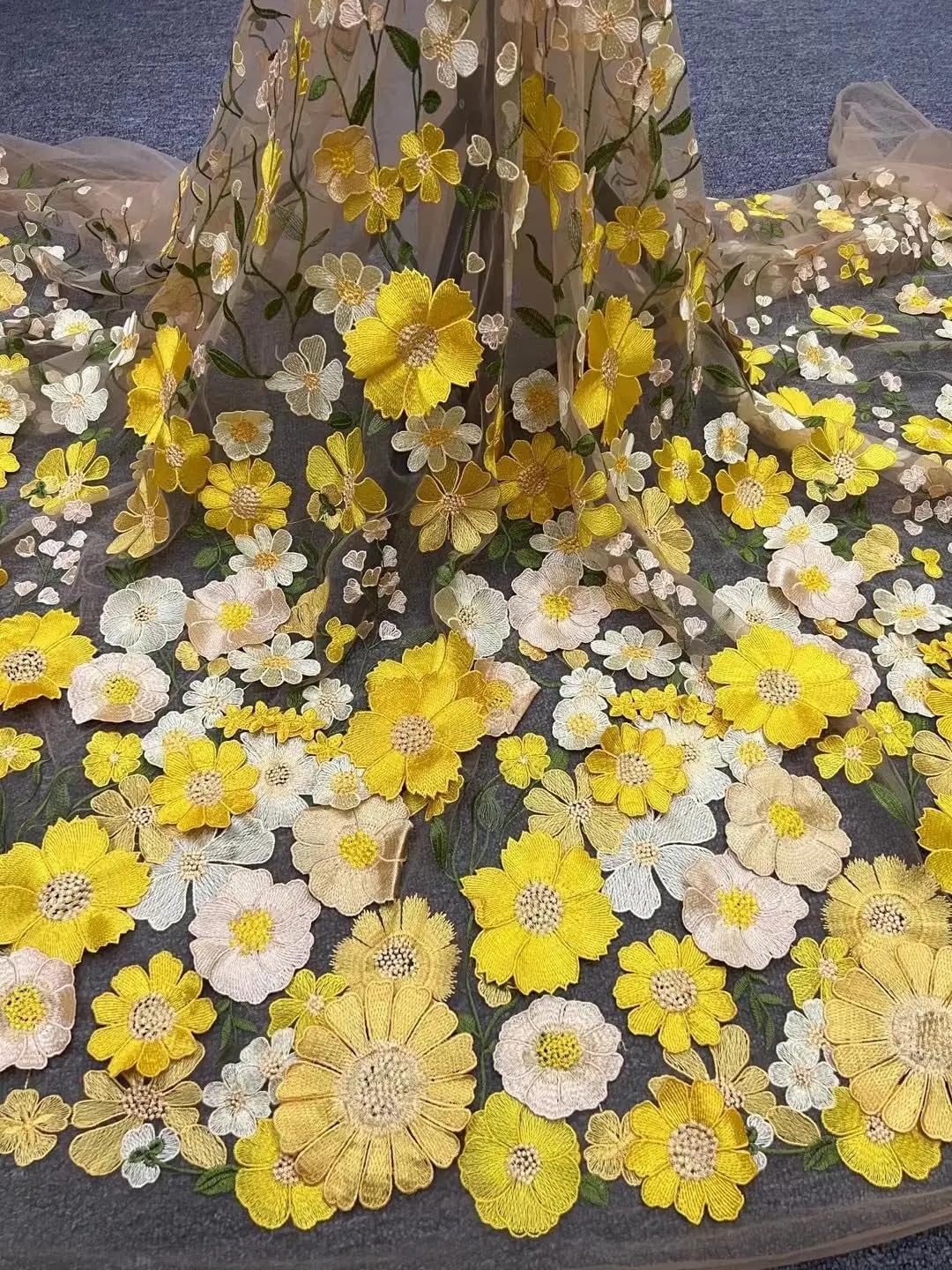 3D Flowers Embroidery Lace Fabric, 59 Inch Wide Soft Tulle Mesh Embroidered Lace Trim DIY Custom Clothes Wedding Dresses Curtain Table Cloth Sewing Fabric (1 Yard,Yellow)
