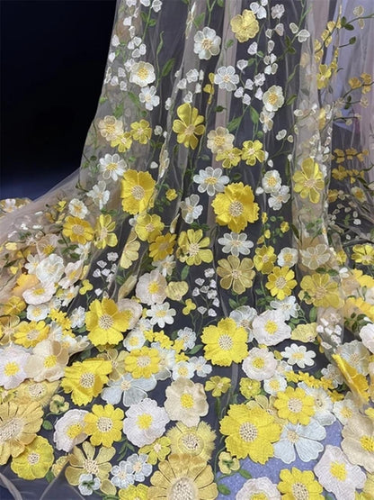 3D Flowers Embroidery Lace Fabric, 59 Inch Wide Soft Tulle Mesh Embroidered Lace Trim DIY Custom Clothes Wedding Dresses Curtain Table Cloth Sewing Fabric (1 Yard,Yellow)