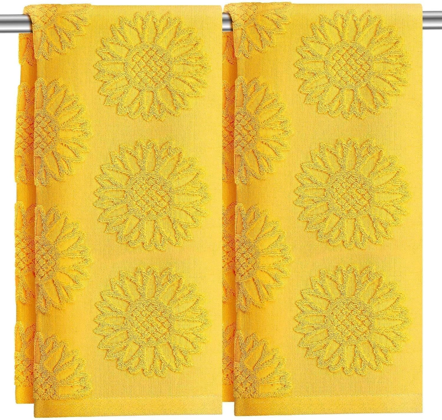2 Pcs Sunflower Hand Towels 3D Yellow Sunflower Bathroom Decoration 100% Cotton Jacquard Weave Soft Absorbent Dish Decorative Bath Towels Set for Bathroom Kitchen Holiday Spring Summer Gifts 13 x 29in