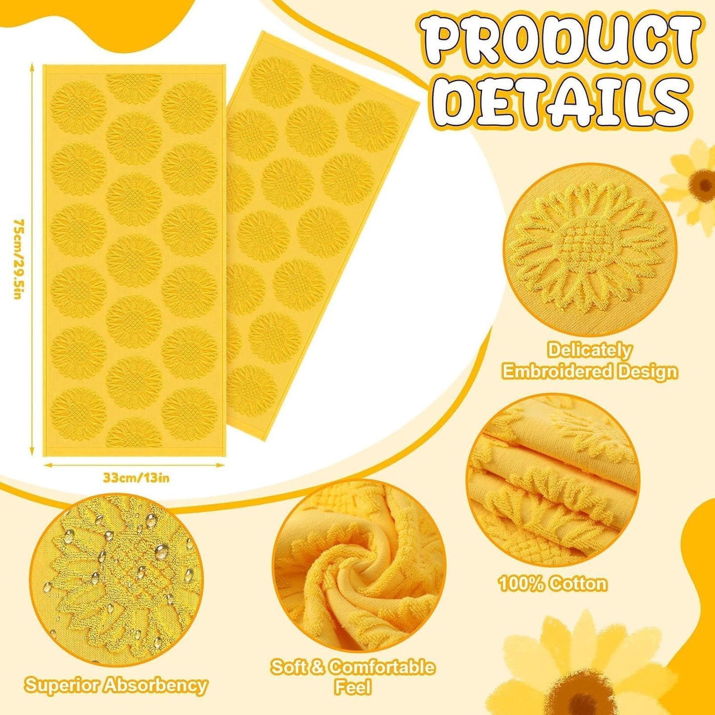 2 Pcs Sunflower Hand Towels 3D Yellow Sunflower Bathroom Decoration 100% Cotton Jacquard Weave Soft Absorbent Dish Decorative Bath Towels Set for Bathroom Kitchen Holiday Spring Summer Gifts 13 x 29in