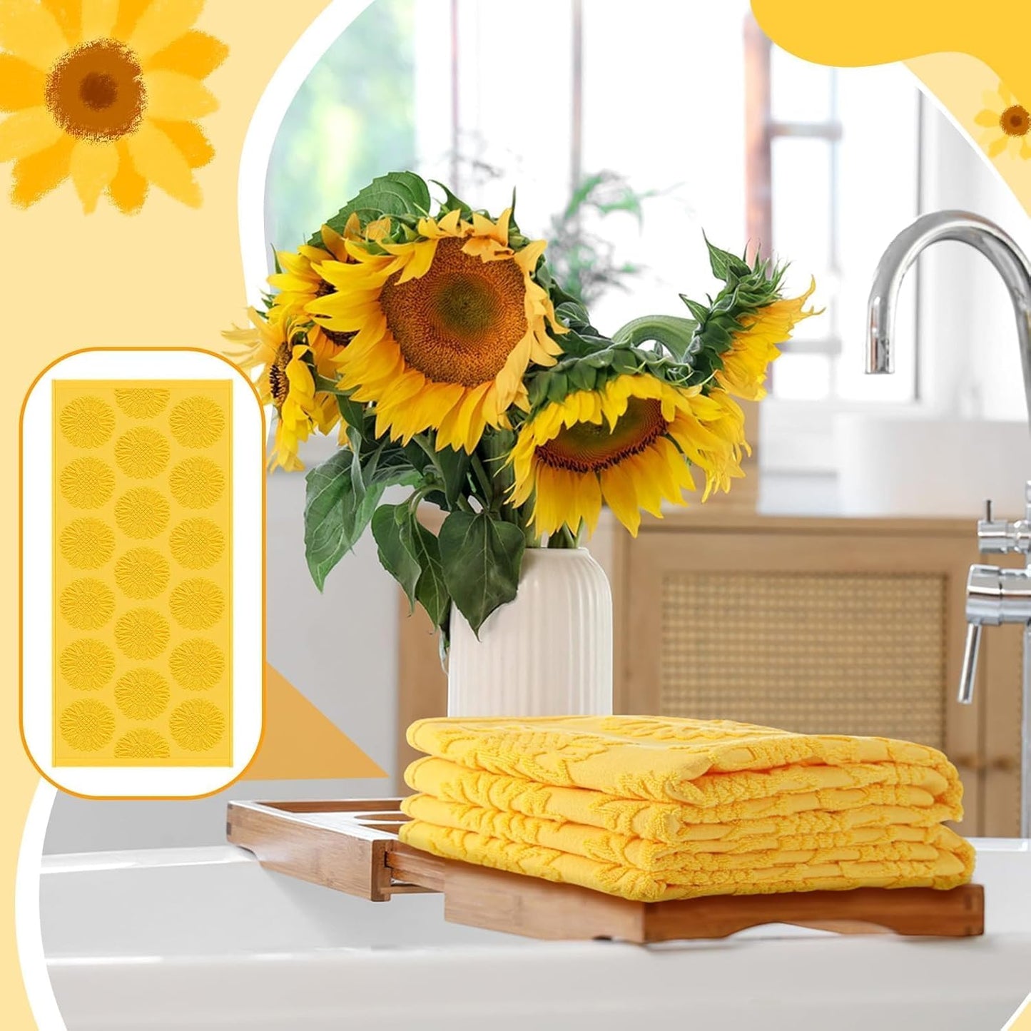2 Pcs Sunflower Hand Towels 3D Yellow Sunflower Bathroom Decoration 100% Cotton Jacquard Weave Soft Absorbent Dish Decorative Bath Towels Set for Bathroom Kitchen Holiday Spring Summer Gifts 13 x 29in
