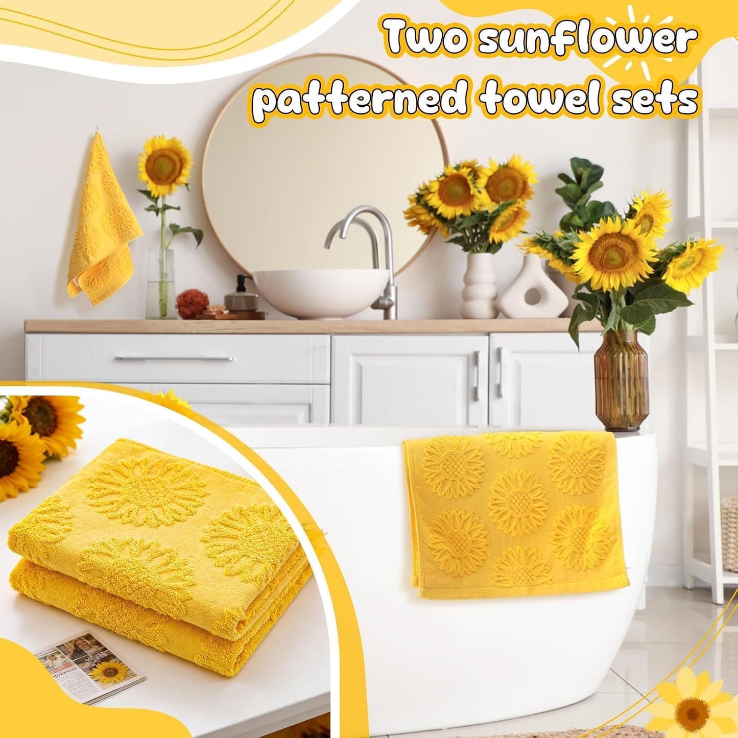 2 Pcs Sunflower Hand Towels 3D Yellow Sunflower Bathroom Decoration 100% Cotton Jacquard Weave Soft Absorbent Dish Decorative Bath Towels Set for Bathroom Kitchen Holiday Spring Summer Gifts 13 x 29in