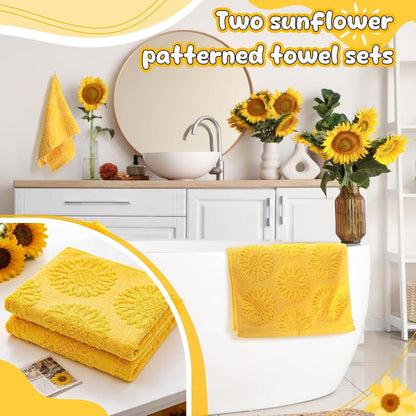2 Pcs Sunflower Hand Towels 3D Yellow Sunflower Bathroom Decoration 100% Cotton Jacquard Weave Soft Absorbent Dish Decorative Bath Towels Set for Bathroom Kitchen Holiday Spring Summer Gifts 13 x 29in